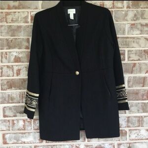 Chico's Black and Gold Blazer with Ornate Sleeve Trim